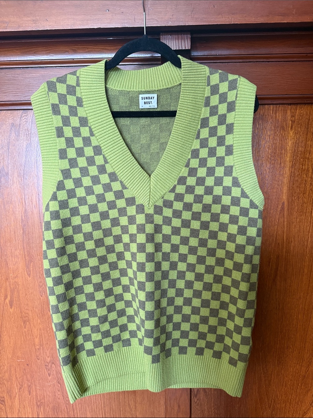 Sunday Best Green and Grey Checkered V-Neck Oversized Sweater Vest
